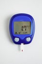 The meter is insulated on a white background. Blood sugar measurements. The concept of diabetes. Hypoglycemia