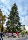 18-meter natural fir adorned with Christmas objects such as colored lights, sparkling balls and red gifts