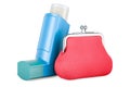 Metered-dose inhaler, MDI with coin purse. 3D rendering Royalty Free Stock Photo