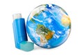 Metered-dose inhaler, MDI with Earth Globe. 3D rendering Royalty Free Stock Photo