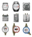 Meters counters. Electric power, gas, water meter vector cartoon set icon. Isolated symbol collection on white Royalty Free Stock Photo