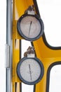 Meters or gauge in crane cabin for measure Maximun load, Engine speed , Hydraulic pressure , Temperature and fuel level Royalty Free Stock Photo