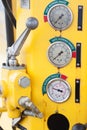 Meters or gauge in crane cabin for measure Maximun load, Engine speed , Hydraulic pressure , Temperature and fuel level Royalty Free Stock Photo