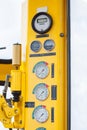 Meters or gauge in crane cabin for measure Maximun load, Engine speed , Hydraulic pressure , Temperature and fuel level Royalty Free Stock Photo