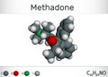 Methadone Dolophine molecule. It is an opioid, is used as an analgesic, in the treatment of drug addiction. Structural