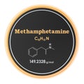 Methamphetamine, chemical formula, molecular structure. 3D rendering isolated on white background