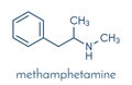 Methamphetamine crystal meth, methamfetamine stimulant drug molecule. Skeletal formula.