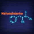 Methamphetamine glow neon style concept chemical formula icon label, text font vector illustration, isolated on wall background.