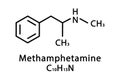 Methamphetamine molecular structure. Methamphetamine skeletal chemical formula. Chemical molecular formula vector