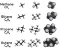 Methane, ethane, propane, butane alkane molecule. Various 3D molecular models on a white background. 3D rendering