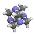 Methenamine molecule. Uses as an antiseptic drug and in solid fuel tablets. 3D rendering. Atoms are represented as spheres with.