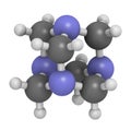 Methenamine molecule. Uses as an antiseptic drug and in solid fuel tablets. 3D rendering. Atoms are represented as spheres with.