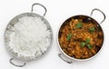 Methi chicken and rice in kadai bowls