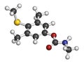Methiocarb pesticide molecule. 3D rendering. Atoms are represented as spheres with conventional color coding: hydrogen white,.