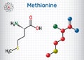 Methionine l- methionine, Met , M essential amino acid molecule. Sheet of paper in a cage. Structural chemical formula and