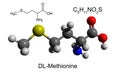 Chemical formula, structural formula and 3D ball-and-stick model of DL-methionine