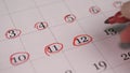 Methodical Marking Of Session Dates With Red Rings On Calendar. Systematic Highlighting Of Consecutive Dates For Events Royalty Free Stock Photo