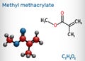 Methyl methacrylate, MMA molecule. It is methyl ester of methacrylic acid, is monomer for the production of polymethyl