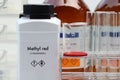 Methyl red in bottle , chemical in the laboratory and industry
