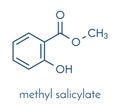 Methyl salicylate wintergreen oil molecule. Acts as rubefacient. Used as flavoring agent and fragrance. Skeletal formula.