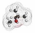 Methyl tert-butyl ether (MTBE, tBME) gasoline additive molecule. Atoms are represented as spheres with conventional color coding: