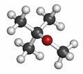 Methyl tert-butyl ether (MTBE, tBME) gasoline additive molecule. Atoms are represented as spheres with conventional color coding: