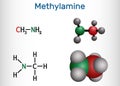 Methylamine molecule. It is simplest primary amine. Structural chemical formula and molecule model