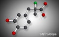 Methyldopa molecule. Antihypertensive, antihypertensive, sympatholytic agent. It is an analog of DOPA. Molecular model. 3D