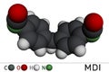 Methylene diphenyl diisocyanate, MDI molecule. It is core component in polyurethane synthesis. Molecular model. 3D rendering