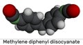 Methylene diphenyl diisocyanate, MDI molecule. It is core component in polyurethane synthesis. Molecular model. 3D rendering