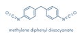 Methylene diphenyl diisocyanate molecule MDI, polyurethane PU building block. Skeletal formula.