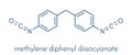 Methylene diphenyl diisocyanate molecule MDI, polyurethane PU building block. Skeletal formula.