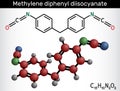 Methylene diphenyl diisocyanate, Structural chemical formula, molecule model. Vector