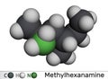 Methylhexanamine, methylhexamine, dimethylamylamine, DMAA molecule. It is alkylamine, indirect sympathomimetic drug. Molecular