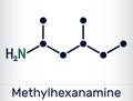 Methylhexanamine, methylhexamine, dimethylamylamine, DMAA molecule. It is alkylamine, indirect sympathomimetic drug. Skeletal