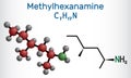 Methylhexanamine, methylhexamine, dimethylamylamine, DMAA molecule. It is alkylamine, indirect sympathomimetic drug. Structural