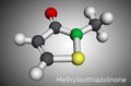 Methylisothiazolinone, MIT, MI molecule. It is preservative, powerful biocide and preservative. Molecular model. 3D