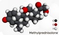 Methylprednisolone molecule. It is synthetic corticosteroid, prednisolone derivative glucocorticoid. Molecular model. 3D rendering