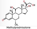 Methylprednisolone molecule. It is synthetic corticosteroid, prednisolone derivative glucocorticoid. Skeletal chemical formula