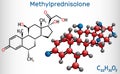 Methylprednisolone molecule. It is synthetic corticosteroid, prednisolone derivative glucocorticoid. Structural chemical formula