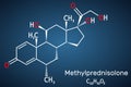 Methylprednisolone molecule. It is synthetic corticosteroid, prednisolone derivative glucocorticoid. Structural chemical formula