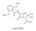 Meticillin antibiotic drug beta-lactam class molecule. MRSA stands for Methicillin-resistant staphylococcus aureus. Skeletal.