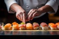 Meticulous Hands chef preparing sushi cook. Generate Ai