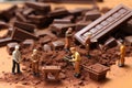 Meticulous Miniature builders on chocolate bar macro food. Generate Ai