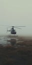 Meticulous Photorealistic Still Life: Empty Helicopter In Foggy Floodplain