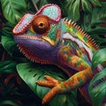 Model of a stealthy chameleon blending into the foliage, AI generated