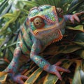 Model of a stealthy chameleon blending into the foliage, AI generated