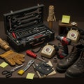 A meticulously arranged assortment of tools and items on a workbench, featuring an Royalty Free Stock Photo