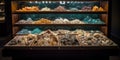 A meticulously arranged display of rare minerals and gemstones, reflecting their diverse colors and textures, concept of