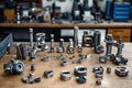 Precision engineering components display on workbench in manufacturing facility Royalty Free Stock Photo
